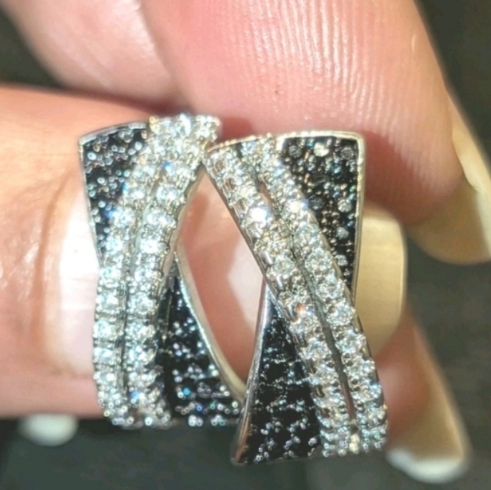 Lab Created Black Diamond Cluster Crossover Hoop Earrings 14k White Gold Plated - Picture 12 of 16